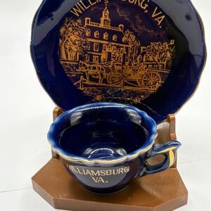 Vintage Williamsburg Virginia Miniature Cup & Saucer Set Souvenir with Stand